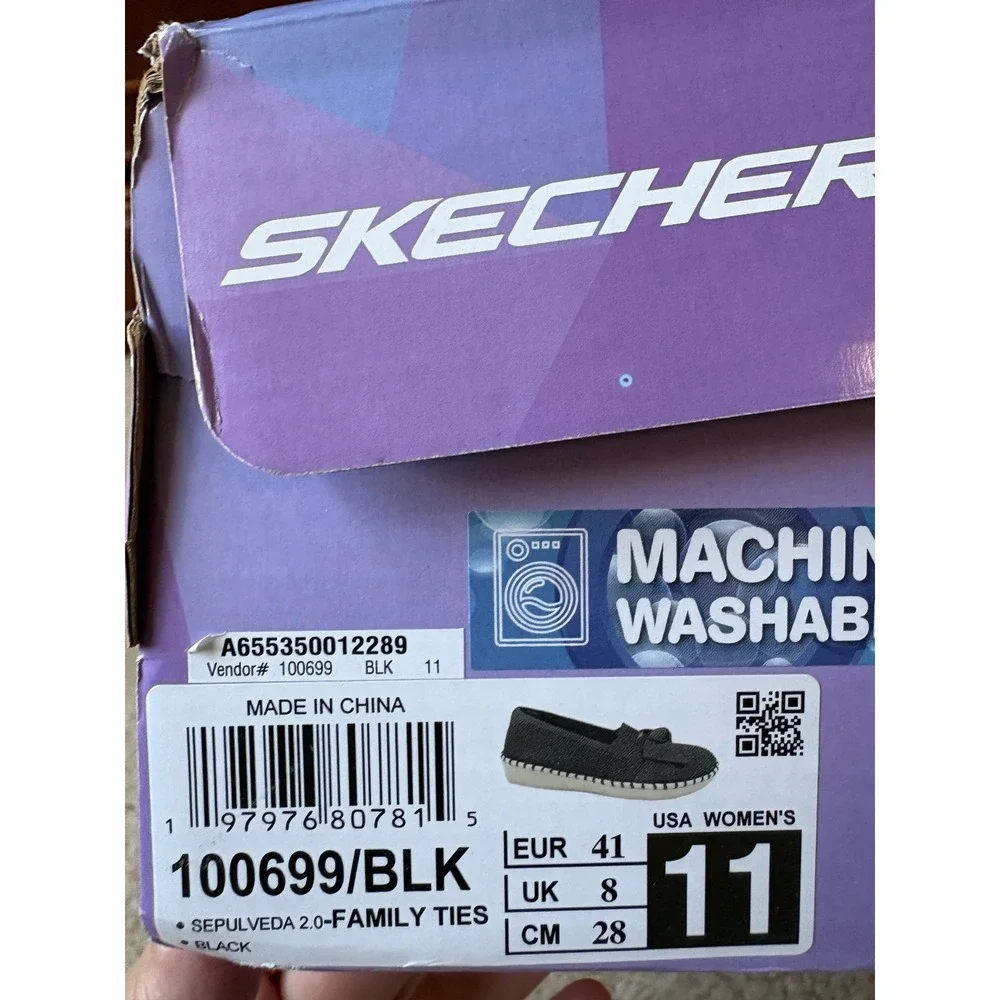 Skechers Sepulveda 2.0 Family Ties Black Knit Bow Slip On Shoes Womens 11 NWT